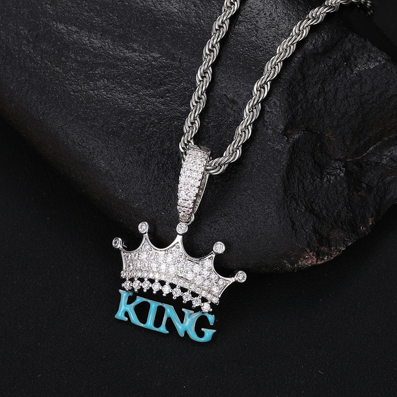 18K Iced Out Cold Enamel Made Luminous KING Crown Pendant Chain Necklace