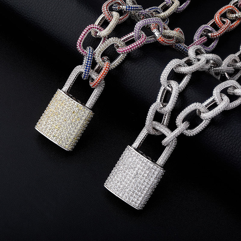 ICEDIAMOND Luxury O-block Chain Locker Charm Pendant Iced Out Bling Colors CZ Diamond Cuban Chain Necklace for Men