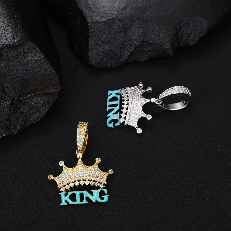 18K Iced Out Cold Enamel Made Luminous KING Crown Pendant Chain Necklace