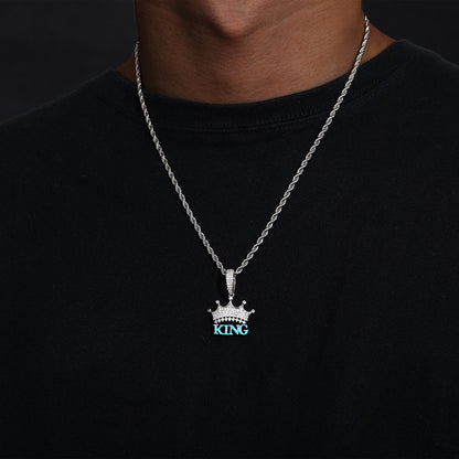 18K Iced Out Cold Enamel Made Luminous KING Crown Pendant Chain Necklace