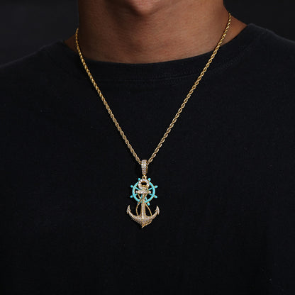 Iced Out Charm Anchor vs Luminous Cold Enamel Rudder Pendant Necklace, Fully Shine 5A CZ Diamond Gold Plated Hip Hop Fashion Jewelry for Men