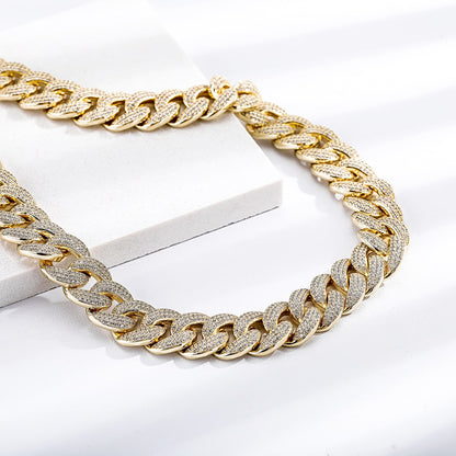 18MM 3-Rows Pave CZ Diamond Spring Clasp Cuban Link Chain Necklace