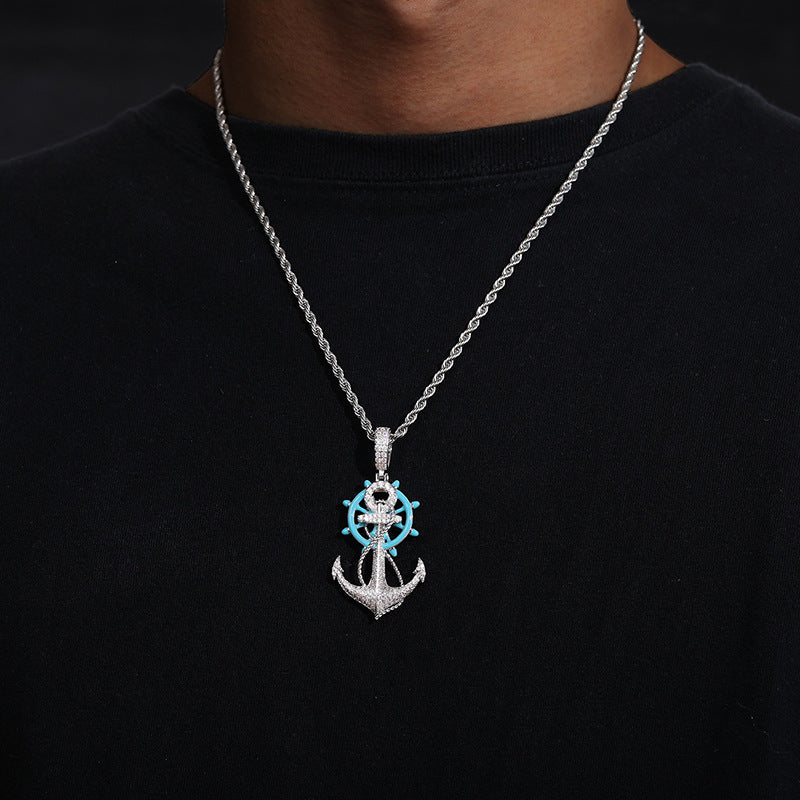 Iced Out Charm Anchor vs Luminous Cold Enamel Rudder Pendant Necklace, Fully Shine 5A CZ Diamond Gold Plated Hip Hop Fashion Jewelry for Men