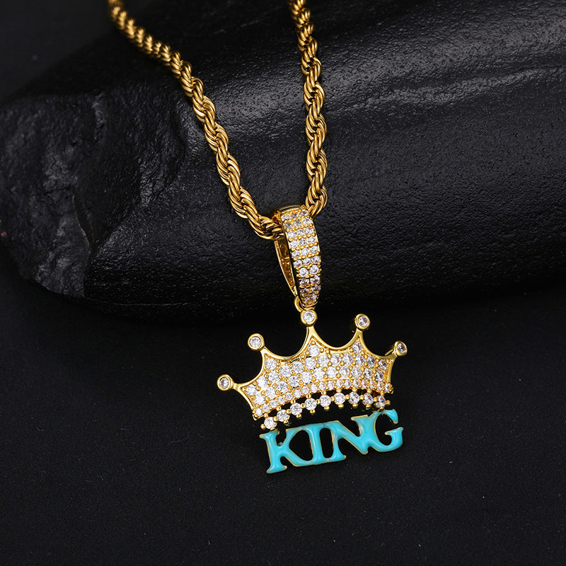 18K Iced Out Cold Enamel Made Luminous KING Crown Pendant Chain Necklace