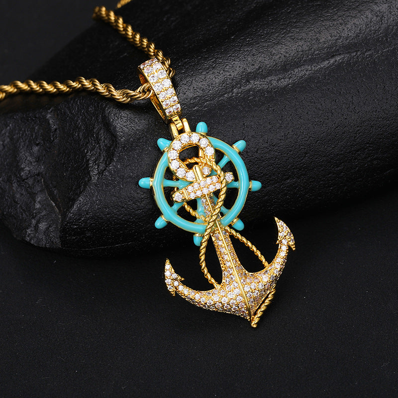 Iced Out Charm Anchor vs Luminous Cold Enamel Rudder Pendant Necklace, Fully Shine 5A CZ Diamond Gold Plated Hip Hop Fashion Jewelry for Men