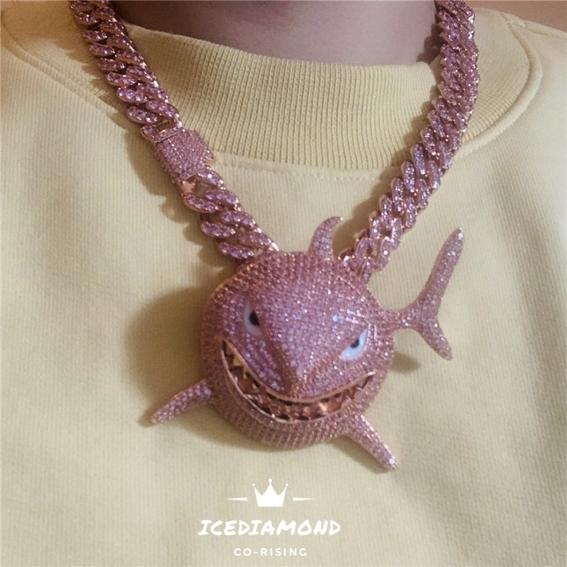 18K Fancy Pink Shark Pendant & Iced Out Cuban Chain Necklace