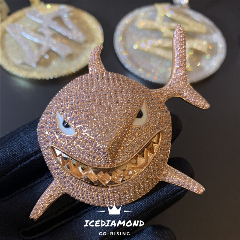 18K Fancy Pink Shark Pendant & Iced Out Cuban Chain Necklace