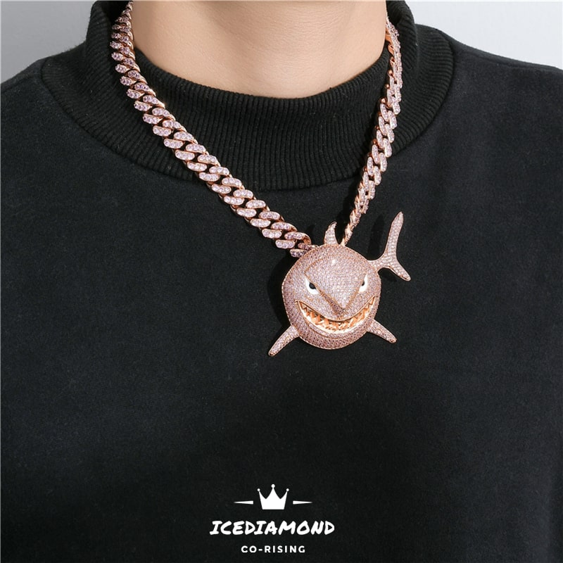 18K Fancy Pink Shark Pendant & Iced Out Cuban Chain Necklace