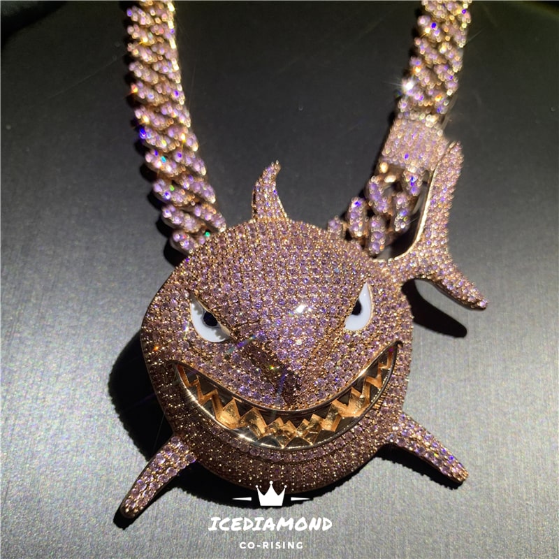 18K Fancy Pink Shark Pendant & Iced Out Cuban Chain Necklace