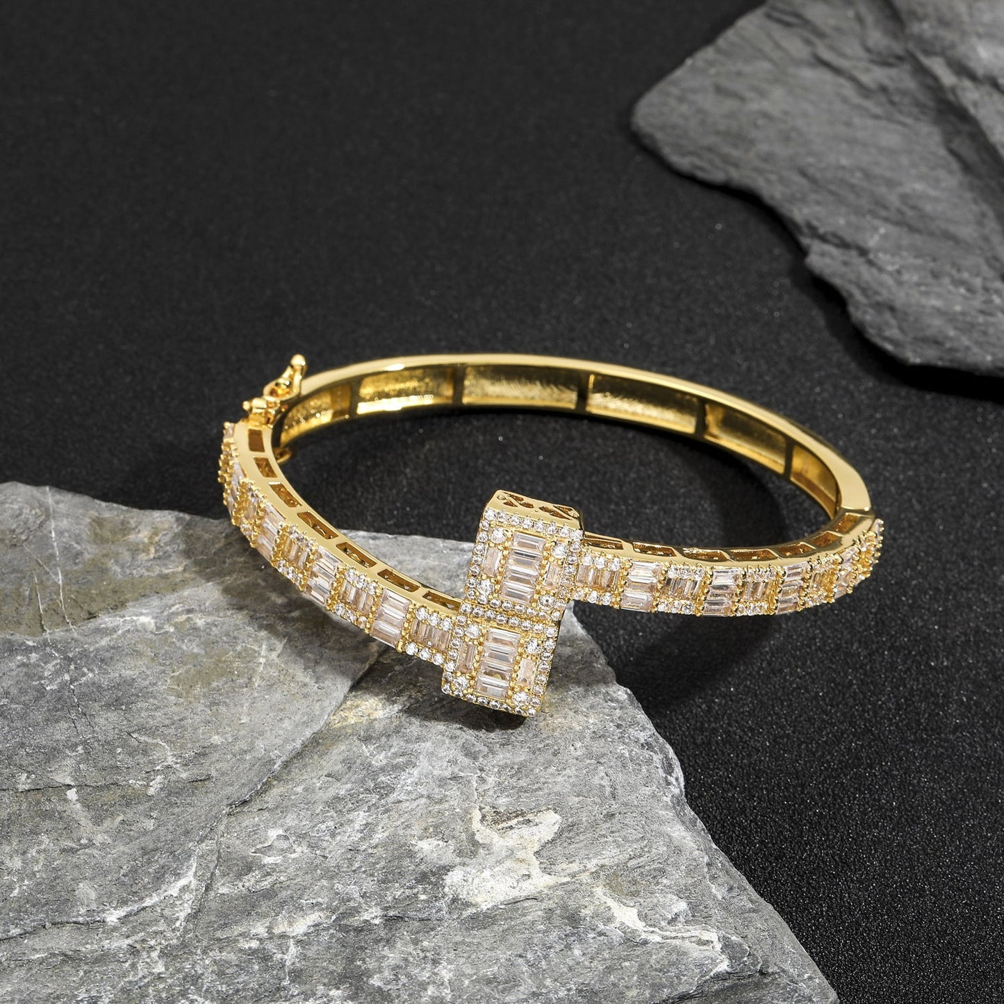 White/Gold Plated Baguette Cut CZ Diamond Bangle