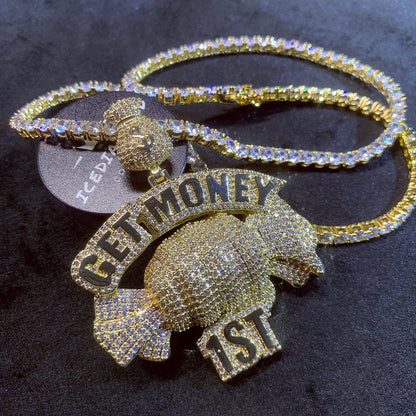 Iced Out Creative Get Money 1ST Inspiring Pendant Chain Necklace