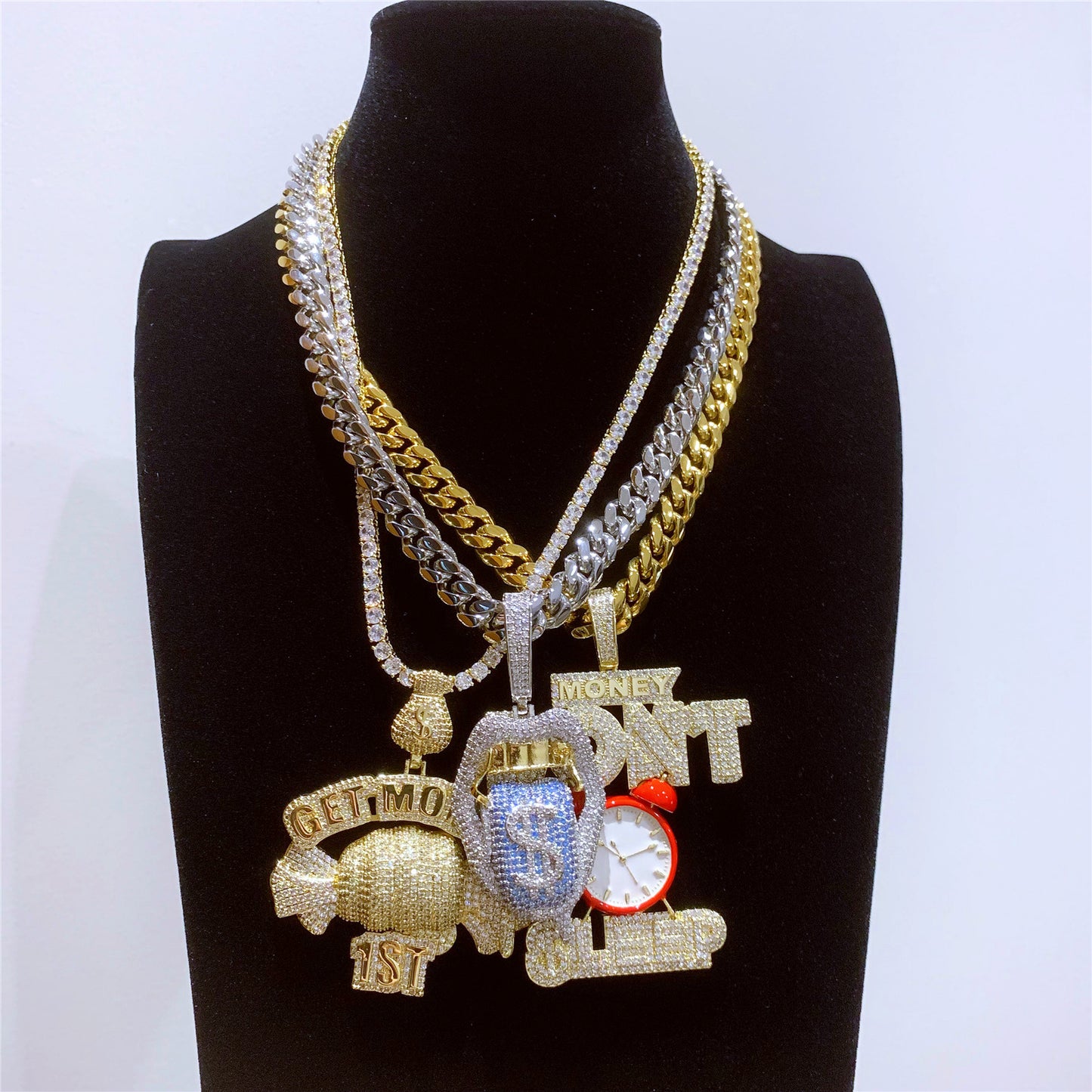 Iced Out Creative Get Money 1ST Inspiring Pendant Chain Necklace