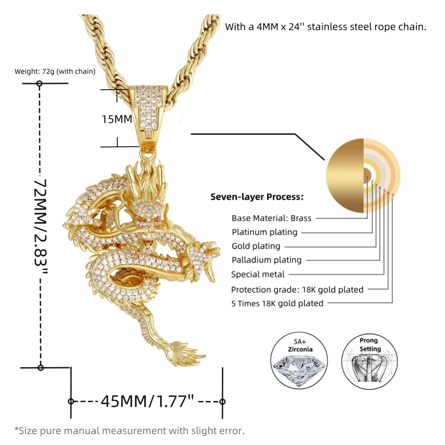 ICEDIAMOND Iced Out Golden Imperial Shenlong Pendant Chain Necklace, 18K Gold Plated Solid Brass Hip Hop Charm Jewelry for Men