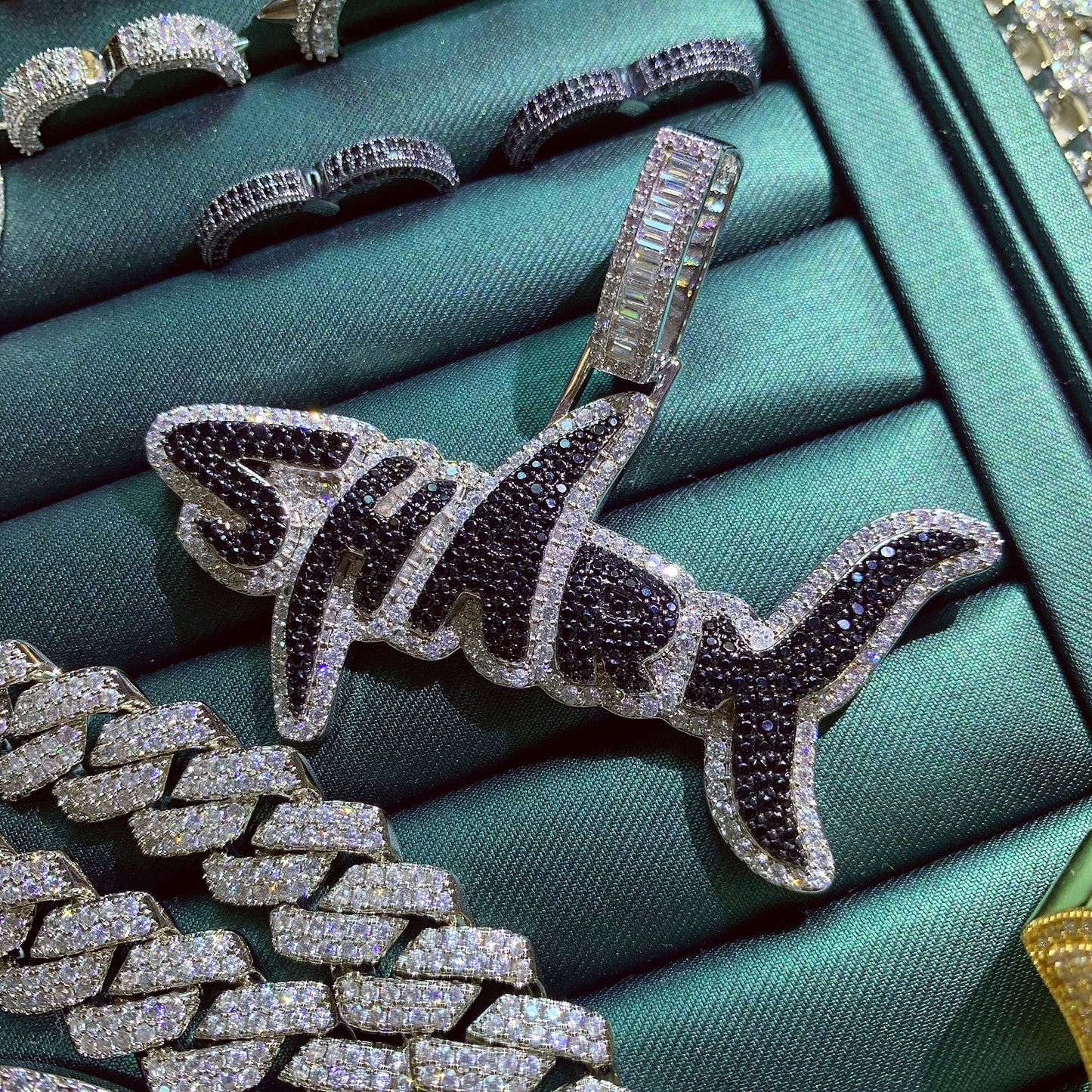 Iced Out Creative Dual Tone SHARK Pendant Necklace | Mixed CZ Simulated Diamonds Gold Plated Solid Back