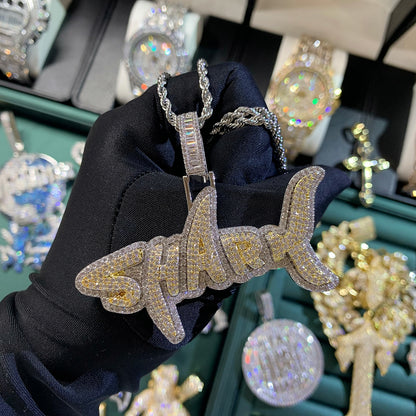 Iced Out Creative Dual Tone SHARK Pendant Necklace | Mixed CZ Simulated Diamonds Gold Plated Solid Back