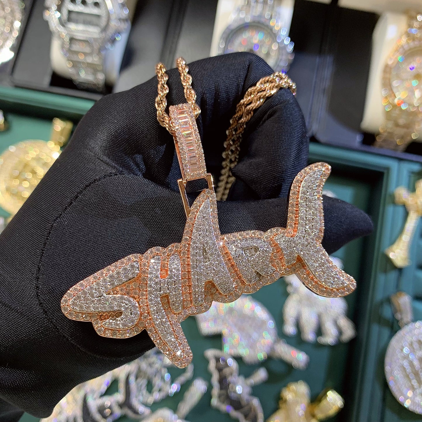 Iced Out Creative Dual Tone SHARK Pendant Necklace | Mixed CZ Simulated Diamonds Gold Plated Solid Back