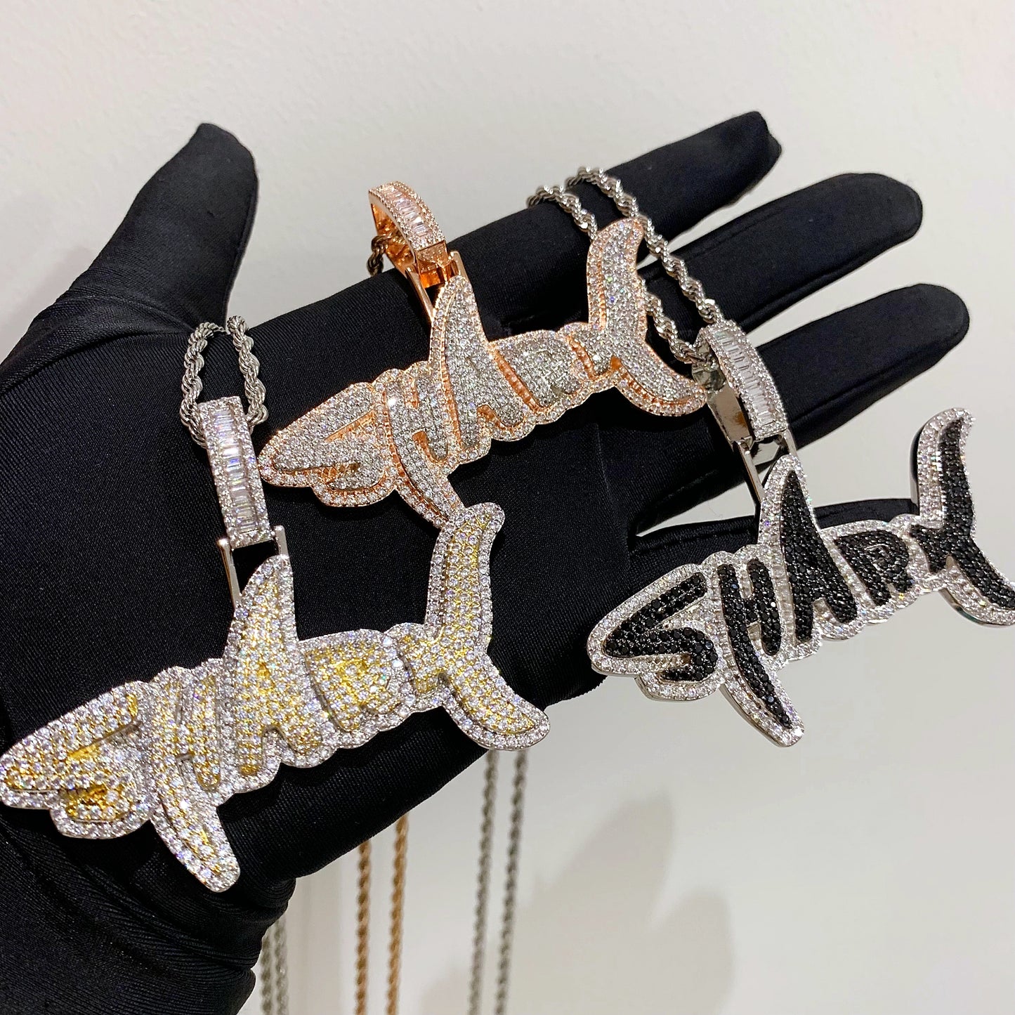 Iced Out Creative Dual Tone SHARK Pendant Necklace | Mixed CZ Simulated Diamonds Gold Plated Solid Back