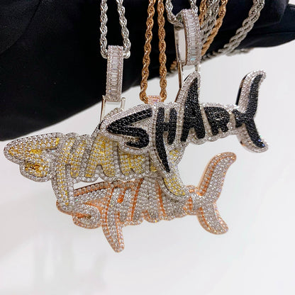 Iced Out Creative Dual Tone SHARK Pendant Necklace | Mixed CZ Simulated Diamonds Gold Plated Solid Back