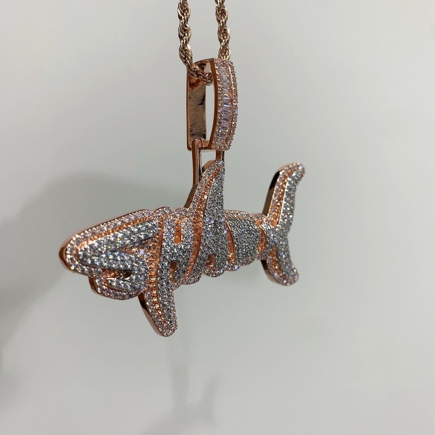 Iced Out Creative Dual Tone SHARK Pendant Necklace | Mixed CZ Simulated Diamonds Gold Plated Solid Back