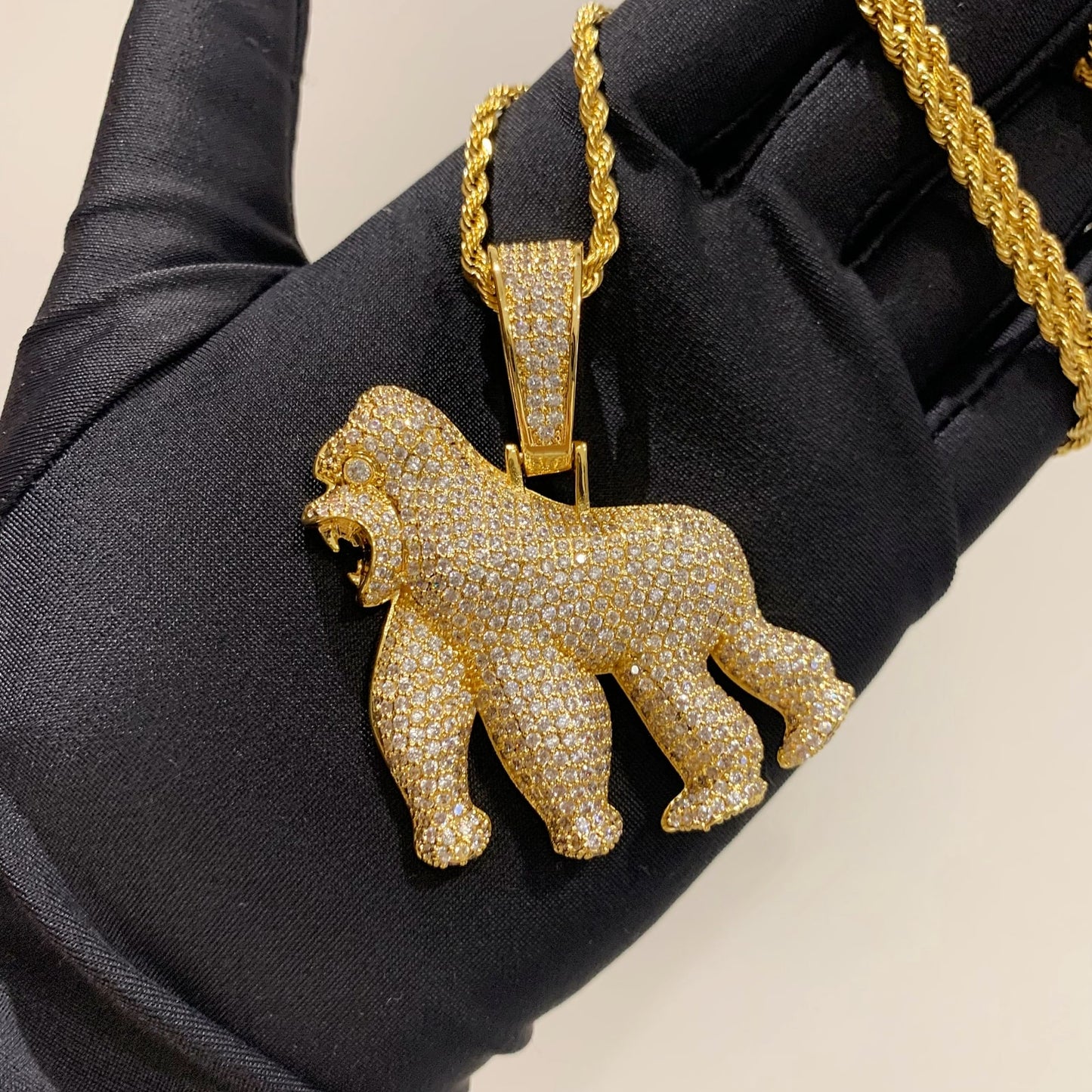 Iced Out Roaring Gorilla Charm Pendant Necklace | 14K Gold Plated Hip Hop Cool Trend Jewelry for Men