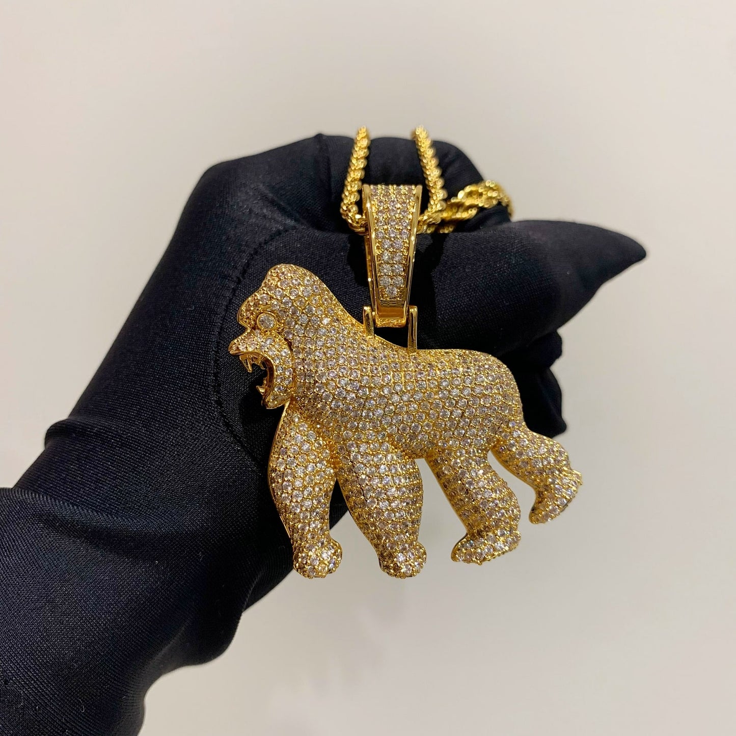 Iced Out Roaring Gorilla Charm Pendant Necklace | 14K Gold Plated Hip Hop Cool Trend Jewelry for Men