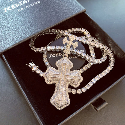 14K Bling Cross Plus Cross Iced Out Pendant Chain Necklace