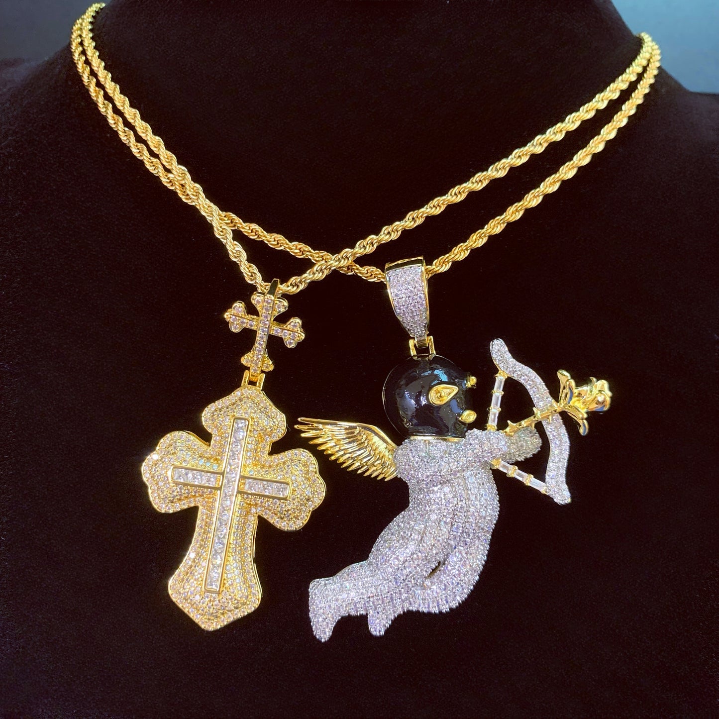 14K Bling Cross Plus Cross Iced Out Pendant Chain Necklace