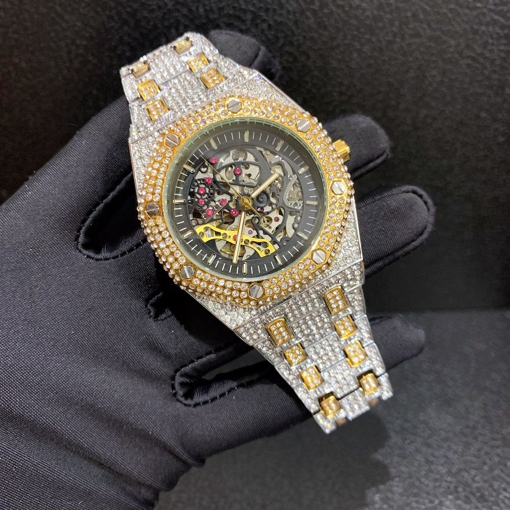 18k gold plated big cz diamond watch for men