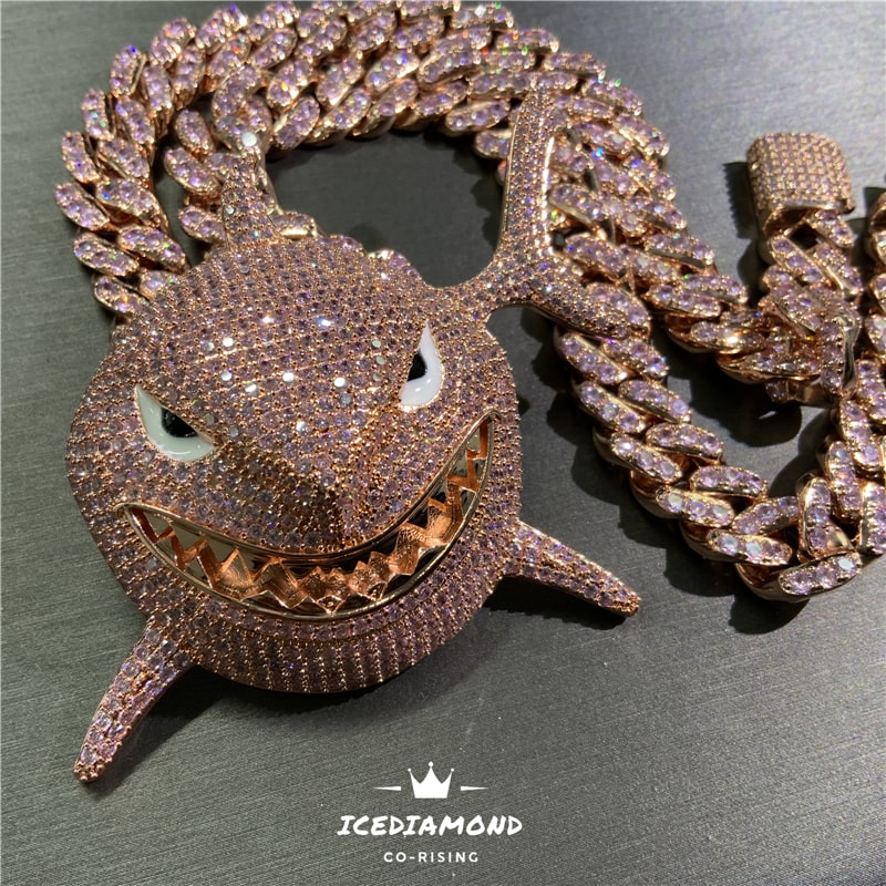 18K Fancy Pink Shark Pendant & Iced Out Cuban Chain Necklace