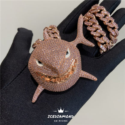 18K Fancy Pink Shark Pendant & Iced Out Cuban Chain Necklace