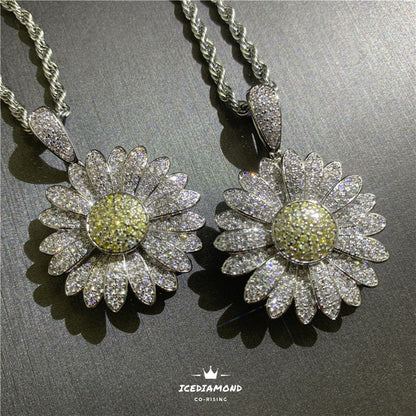 Iced Out Rotating Daisy Pendant with 24'' Rope Chain Necklace