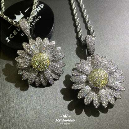 Iced Out Rotating Daisy Pendant with 24'' Rope Chain Necklace