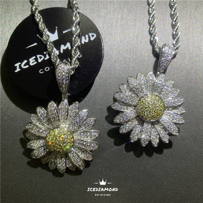 Iced Out Rotating Daisy Pendant with 24'' Rope Chain Necklace