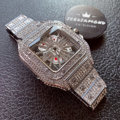 40mm Iced Out Square Tank Style Skeleton Openwork Quartz Watch