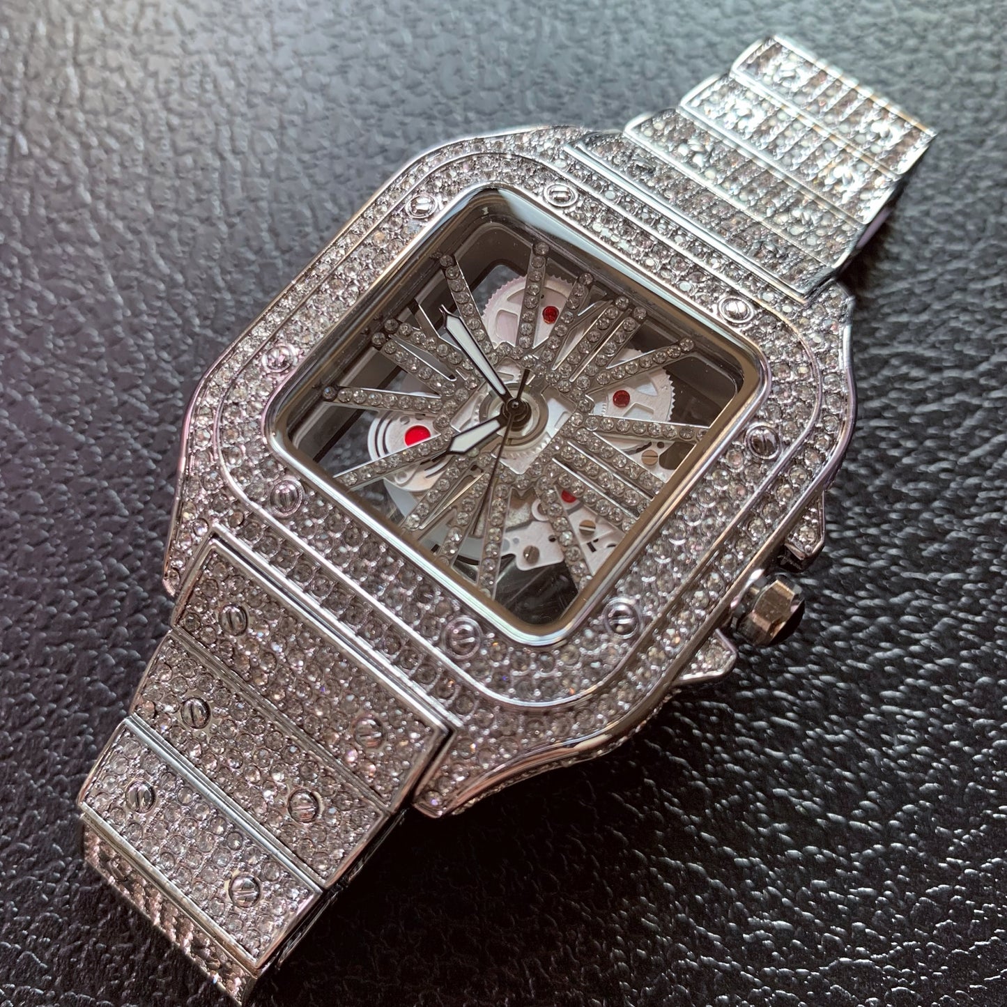 40mm Iced Out Square Tank Style Skeleton Openwork Quartz Watch