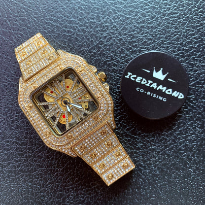 40mm Iced Out Square Tank Style Skeleton Openwork Quartz Watch