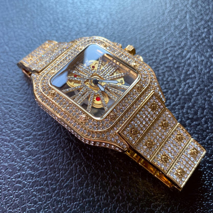 40mm Iced Out Square Tank Style Skeleton Openwork Quartz Watch