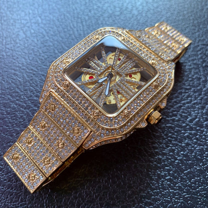 40mm Iced Out Square Tank Style Skeleton Openwork Quartz Watch