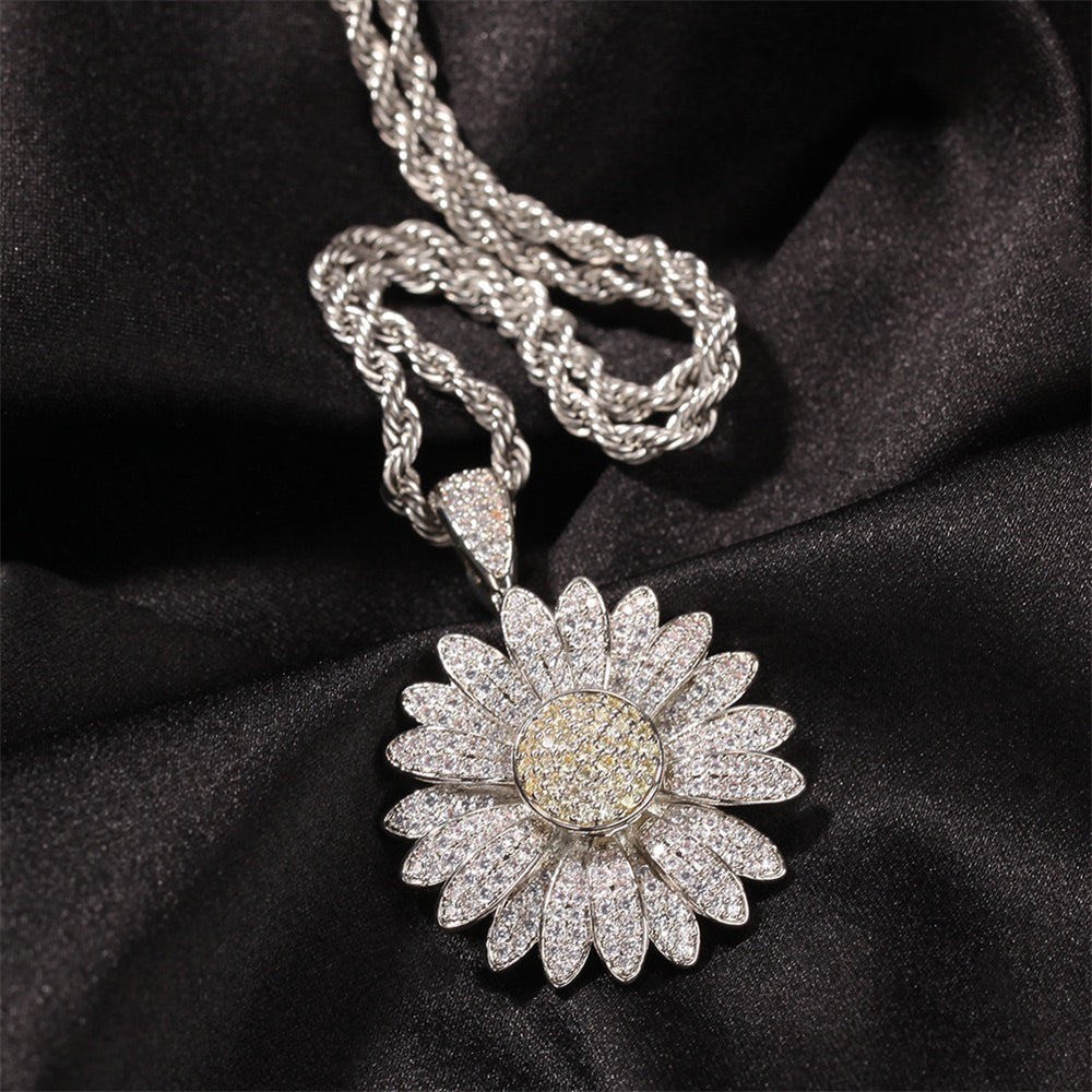 Iced Out Rotating Daisy Pendant with 24'' Rope Chain Necklace