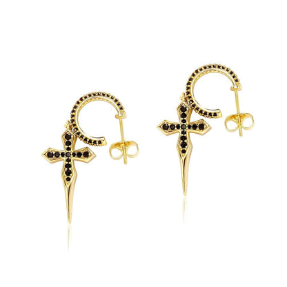 ICEDIAMOND 18K Gold-Plated S925 Sterling Silver Sword Cross Earrings with Black Zircon Stones