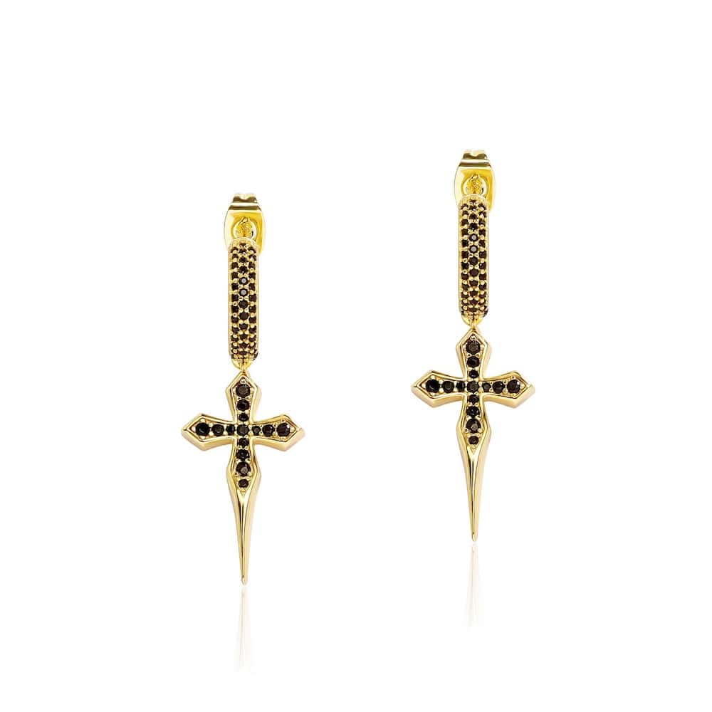 ICEDIAMOND 18K Gold-Plated S925 Sterling Silver Sword Cross Earrings with Black Zircon Stones