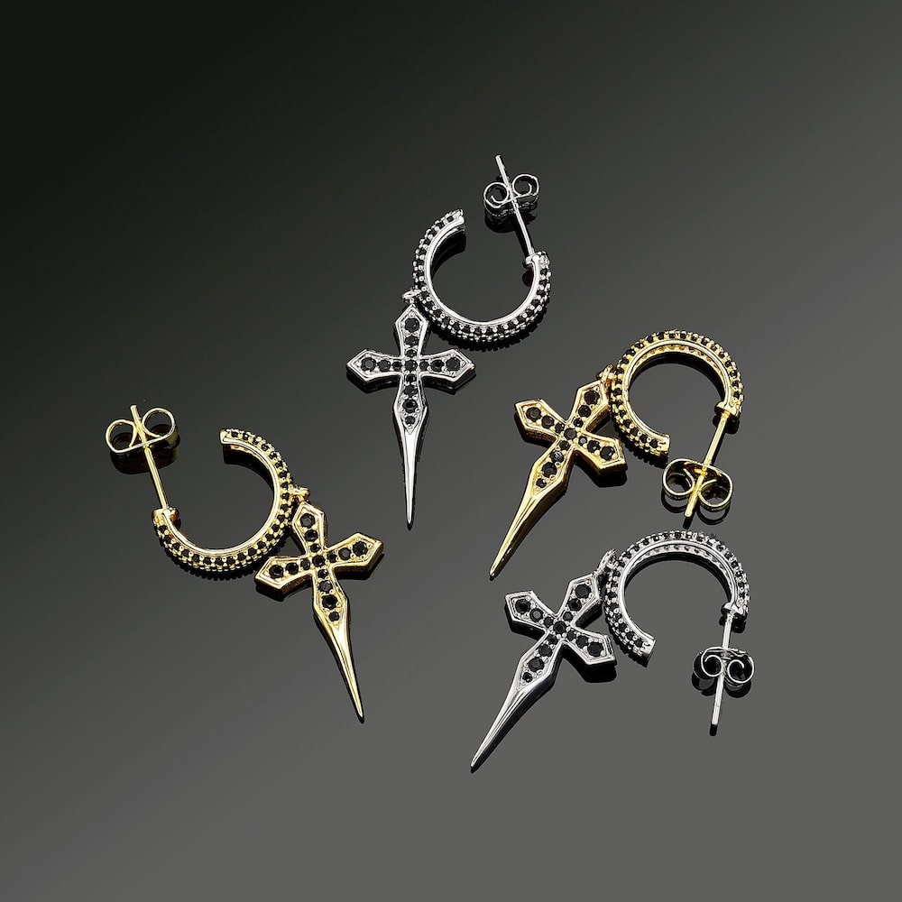 ICEDIAMOND 18K Gold-Plated S925 Sterling Silver Sword Cross Earrings with Black Zircon Stones