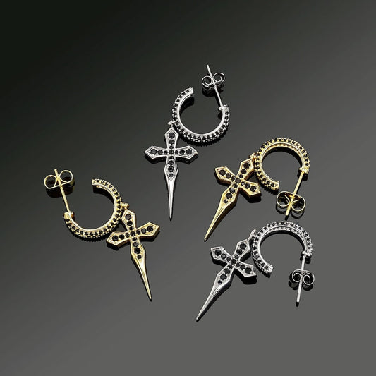 ICEDIAMOND 18K Gold-Plated S925 Sterling Silver Sword Cross Earrings with Black Zircon Stones