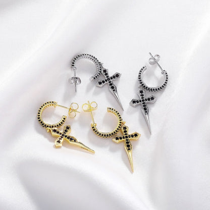 ICEDIAMOND 18K Gold-Plated S925 Sterling Silver Sword Cross Earrings with Black Zircon Stones