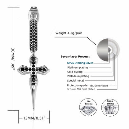 ICEDIAMOND 18K Gold-Plated S925 Sterling Silver Sword Cross Earrings with Black Zircon Stones