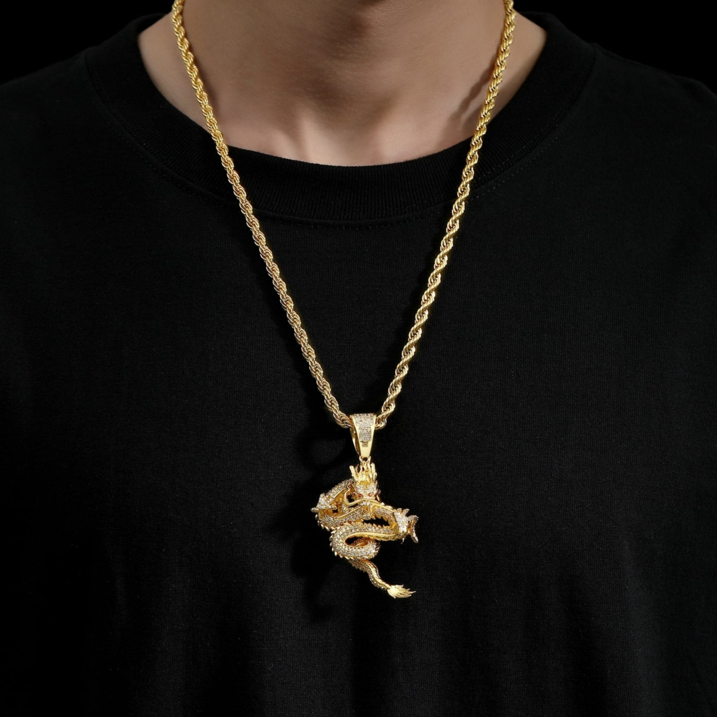 ICEDIAMOND Iced Out Golden Imperial Shenlong Pendant Chain Necklace, 18K Gold Plated Solid Brass Hip Hop Charm Jewelry for Men