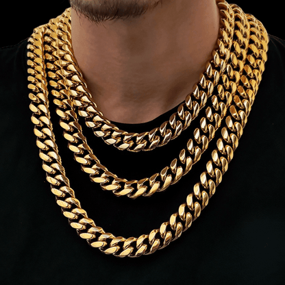 18K Gold Plating 10MM Glossy Cuban Chain Necklace, Men's Full Size Urban Trendy Jewelry Outfit Chains