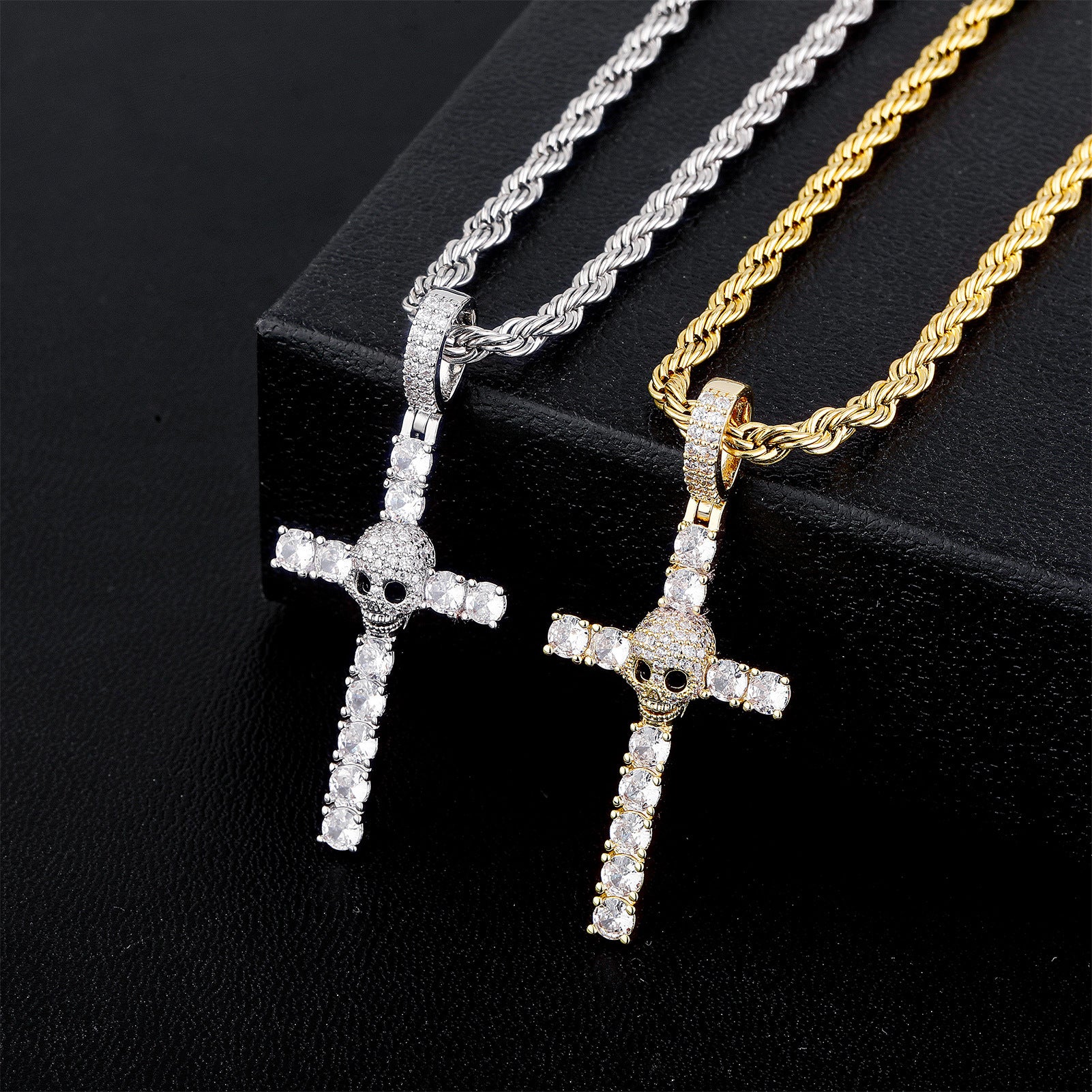 14K Gold Plating Skull Cross Iced Out Pendant Necklace