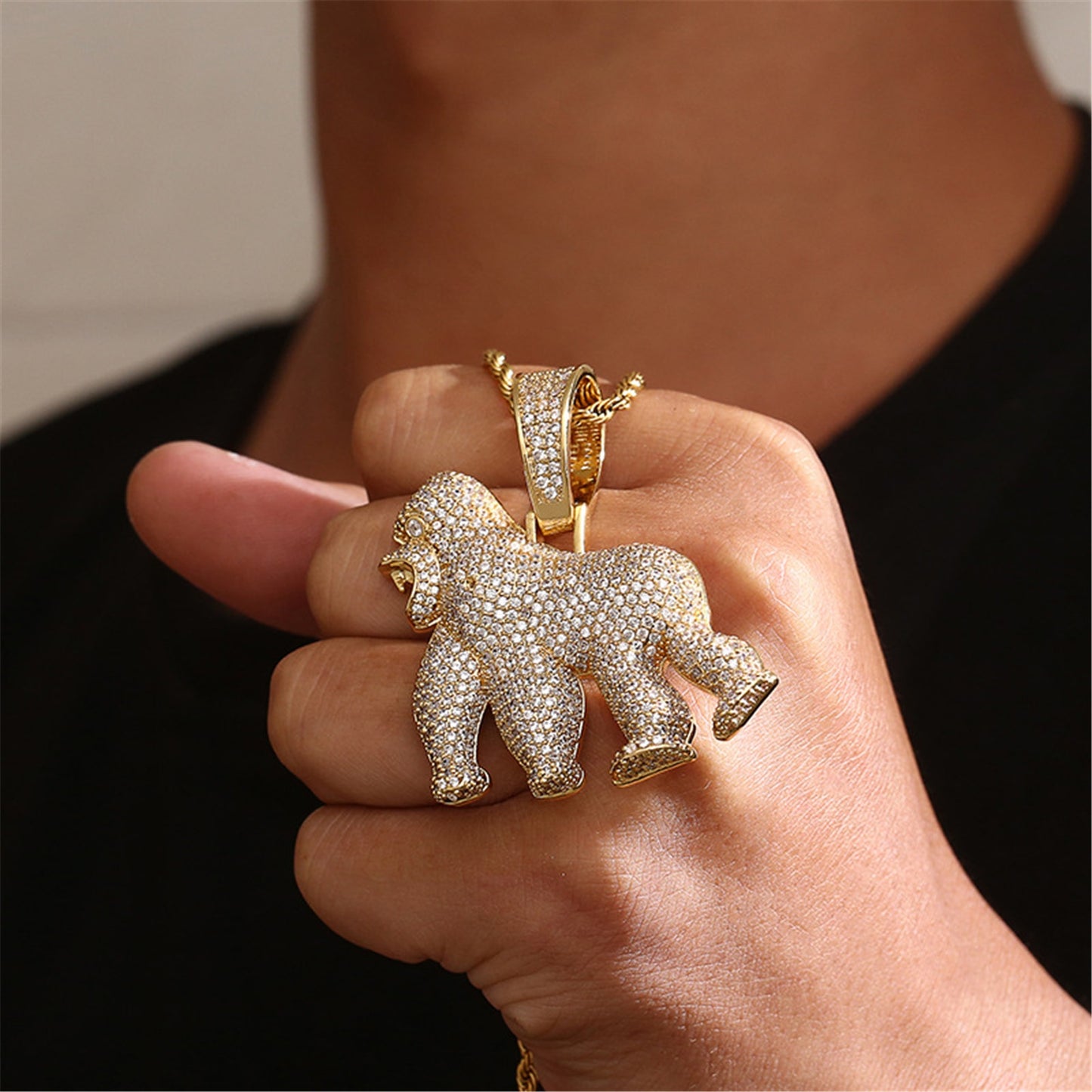 Iced Out Roaring Gorilla Charm Pendant Necklace | 14K Gold Plated Hip Hop Cool Trend Jewelry for Men