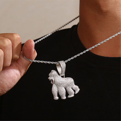 Iced Out Roaring Gorilla Charm Pendant Necklace | 14K Gold Plated Hip Hop Cool Trend Jewelry for Men